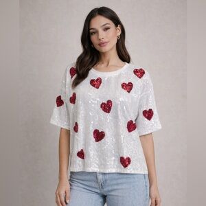 White Heart Sequin Top, Dressy Heart Blouse, Sequin Valentine's Day Tee